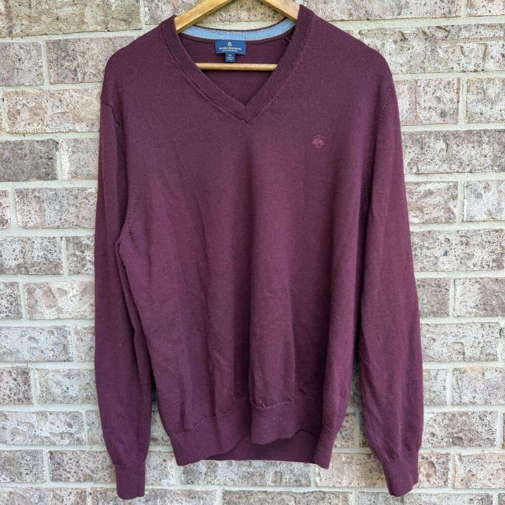 Brooks Brothers Sweater Mens XL Maroon Extra Fine Merino V Neck Lightweight